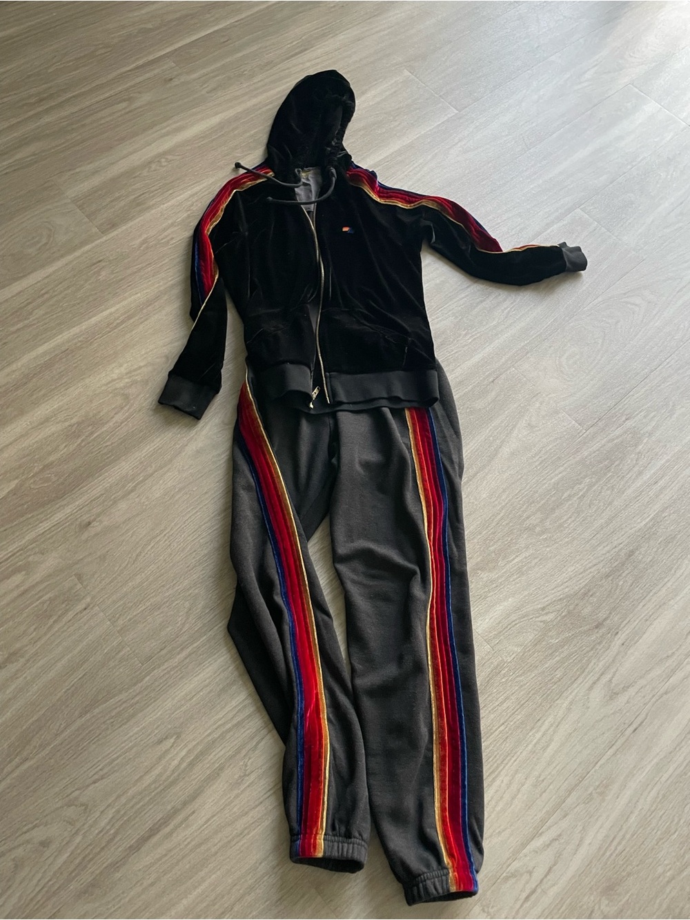 Aviator Nation Black Velour Hoodie & Joggers with Rainbow Side Stripes
